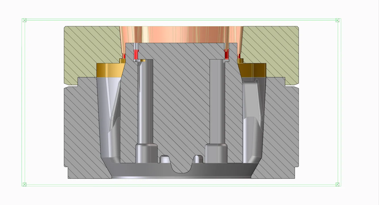 Cross-section drawing of a porthole die showing the welding chamber and bearing lengths