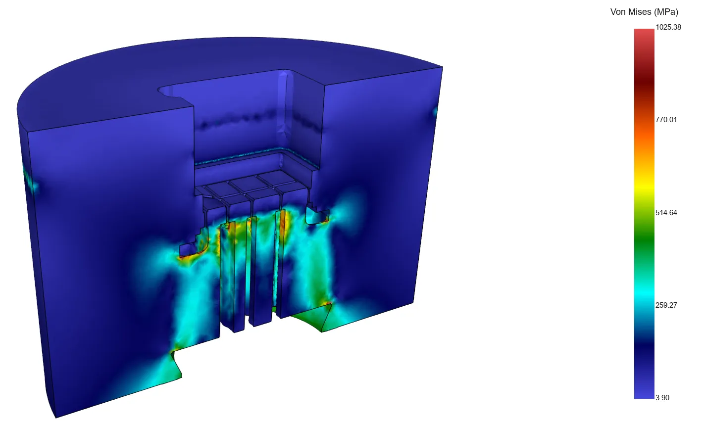 Die stress simulation in ExtrusionFlow 3D Studio: section through a porthole die coloured by von Mises stress, with the peaks around the profile opening