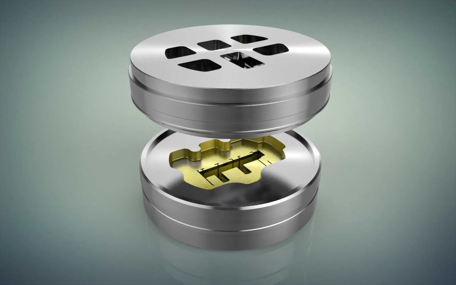 Exploded 3D view of a porthole die with four ports in the mandrel above the die plate